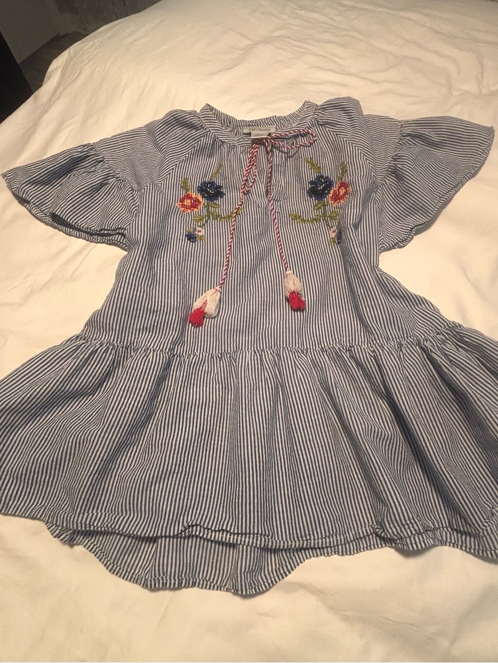 Babydoll CW Classics Blue and White Striped Top with Embroidery and Tassel Tie